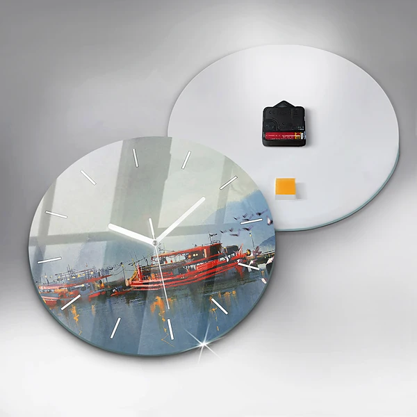 Wanduhr rund mit motiv Fischerboot im Hafen