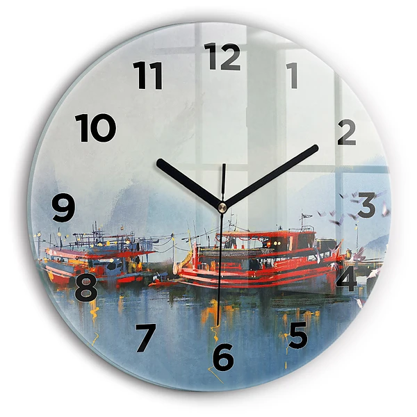 Wanduhr rund mit motiv Fischerboot im Hafen