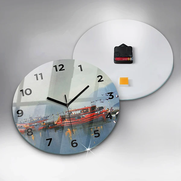 Wanduhr rund mit motiv Fischerboot im Hafen