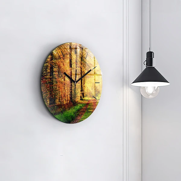Wanduhr glas rund Herbstliche Waldlandschaft