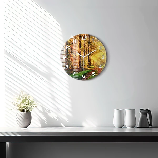 Wanduhr glas rund Herbstliche Waldlandschaft