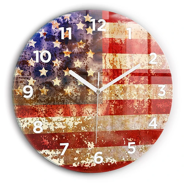 Wanduhr glas rund US-Flagge im Vintage-Stil