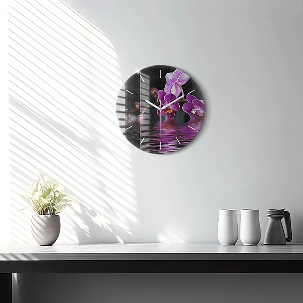 Wanduhr glas rund Orchideenblüte auf dem Wasser