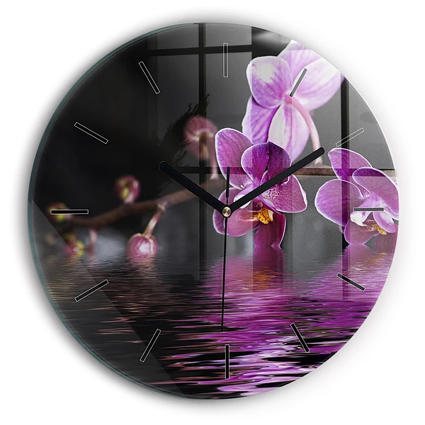 Wanduhr glas rund Orchideenblüte auf dem Wasser
