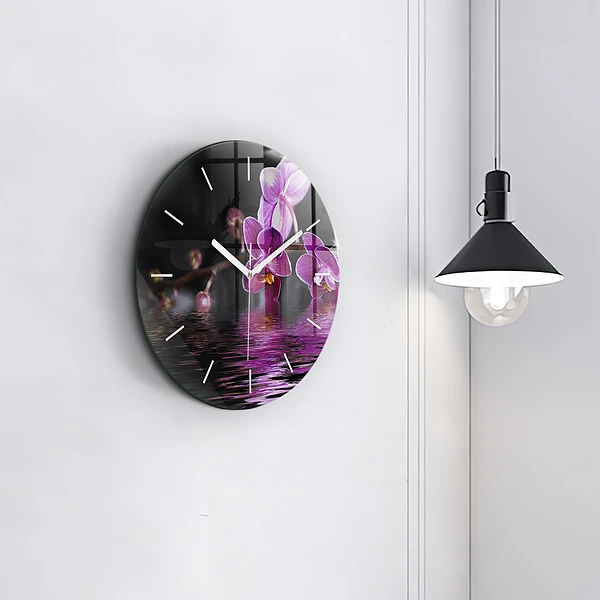 Wanduhr glas rund Orchideenblüte auf dem Wasser