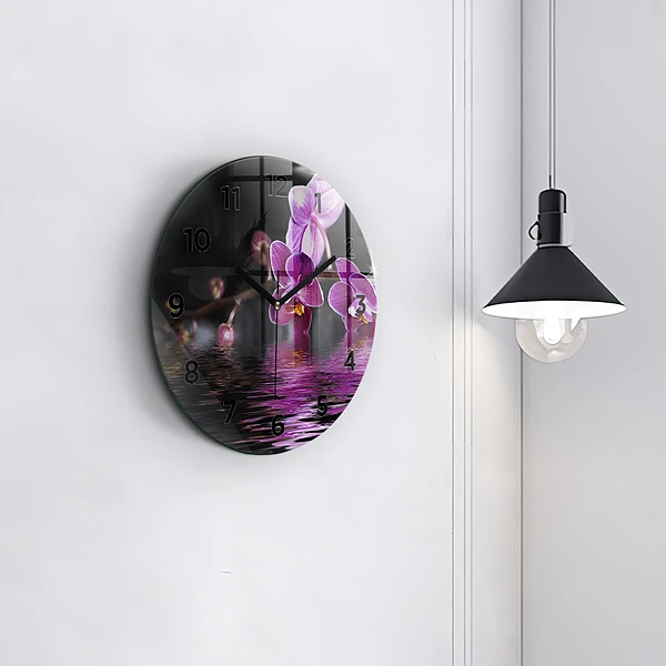 Wanduhr glas rund Orchideenblüte auf dem Wasser