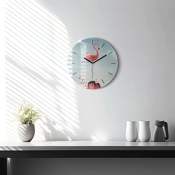 Wanduhr rund Surrealistischer Flamingo