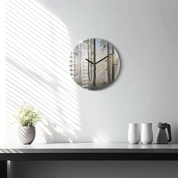 Wanduhr rund mit motiv Wald im Nebel