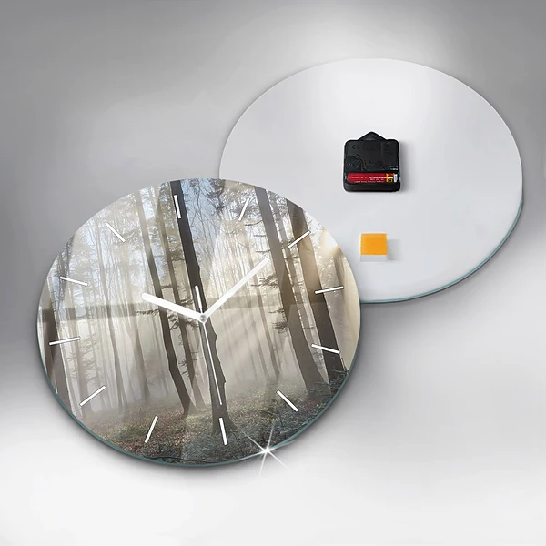 Wanduhr rund mit motiv Wald im Nebel