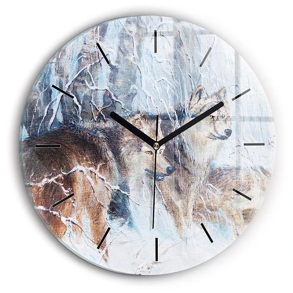 Wanduhr glas rund Wölfe im Wald