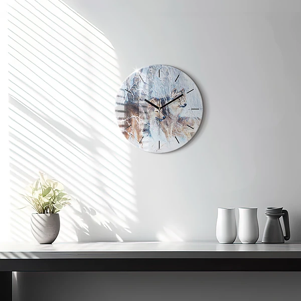 Wanduhr glas rund Wölfe im Wald