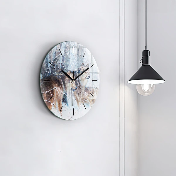 Wanduhr glas rund Wölfe im Wald