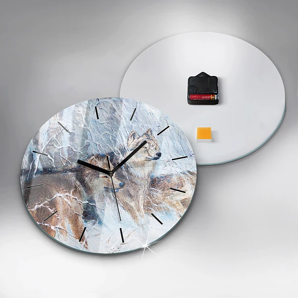 Wanduhr glas rund Wölfe im Wald