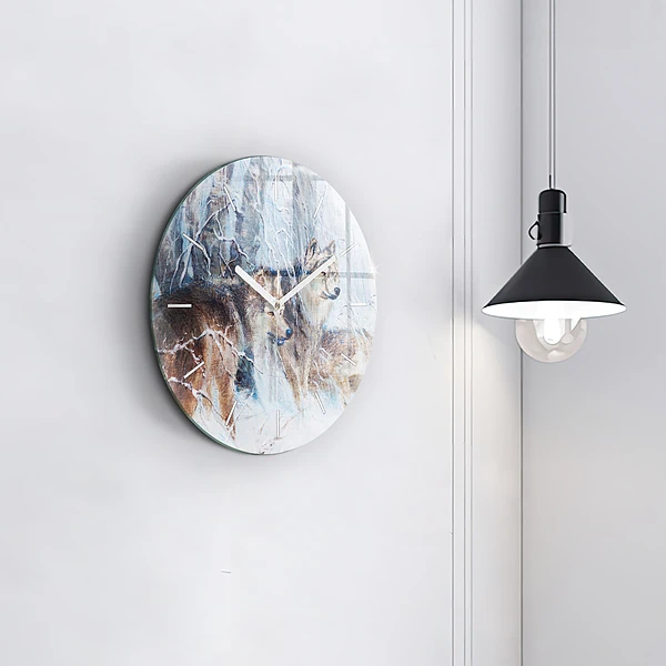 Wanduhr glas rund Wölfe im Wald