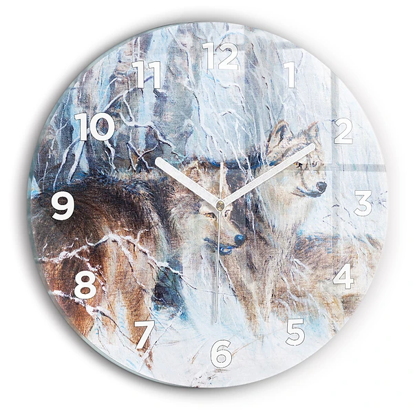 Wanduhr glas rund Wölfe im Wald