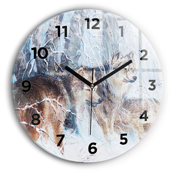 Wanduhr glas rund Wölfe im Wald