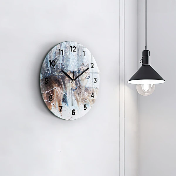 Wanduhr glas rund Wölfe im Wald