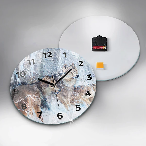 Wanduhr glas rund Wölfe im Wald