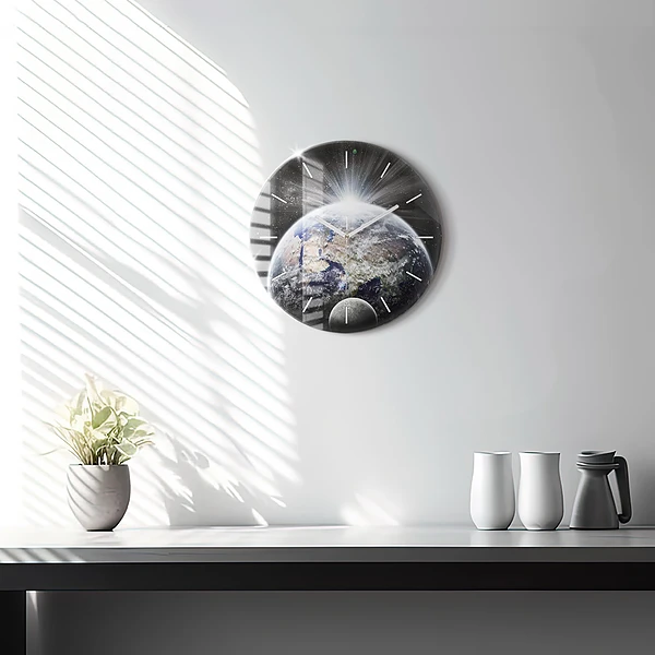 Wanduhr rund Die Erde der Mond die Sonne