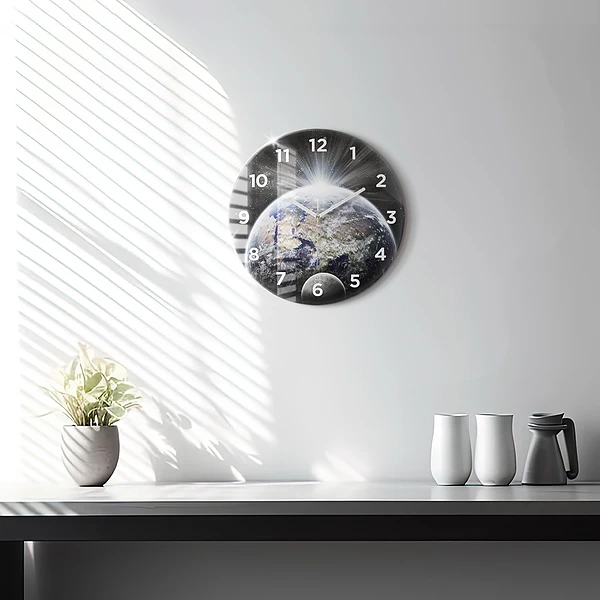 Wanduhr rund Die Erde der Mond die Sonne