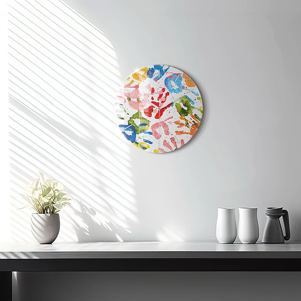 Wanduhr glas rund Handabdrücke von Kindern