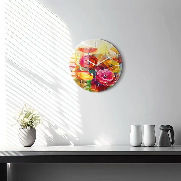 Wanduhr rund mit motiv Bunte Mohnblumen