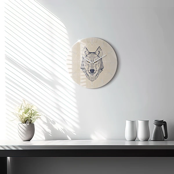 Wanduhr glas rund Wolfskopf