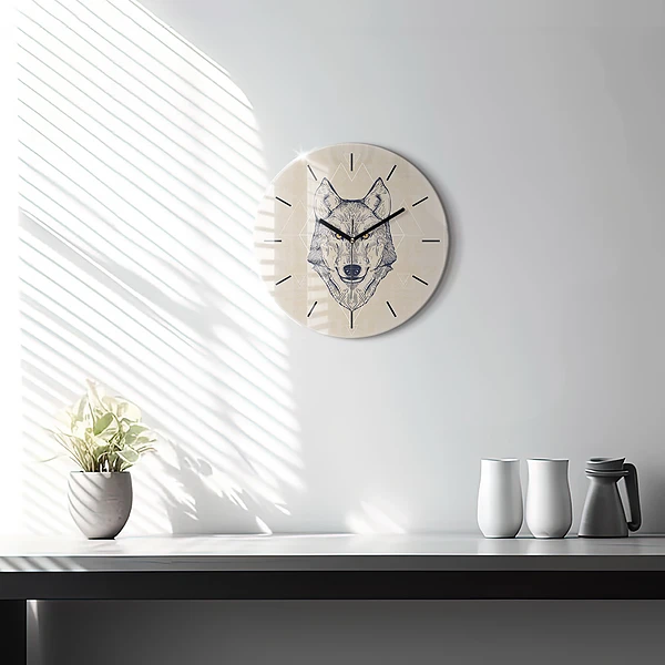 Wanduhr glas rund Wolfskopf
