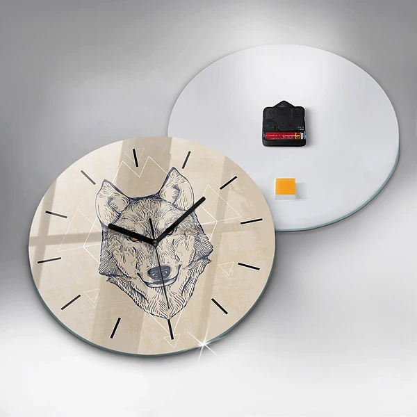 Wanduhr glas rund Wolfskopf