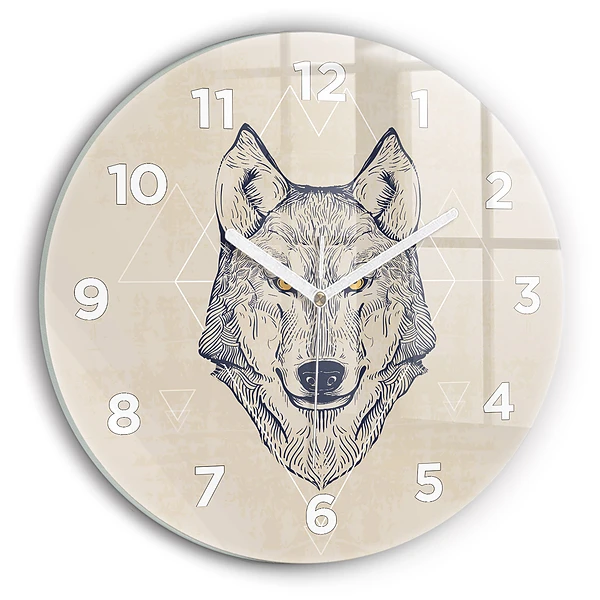 Wanduhr glas rund Wolfskopf