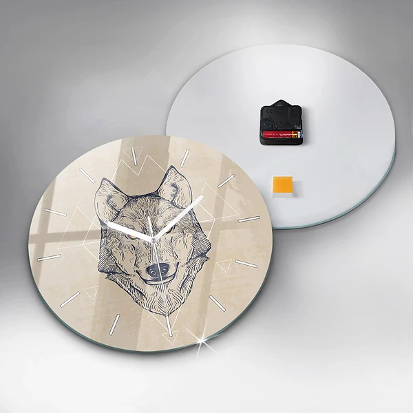 Wanduhr glas rund Wolfskopf