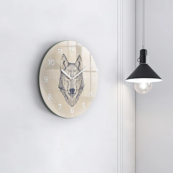Wanduhr glas rund Wolfskopf