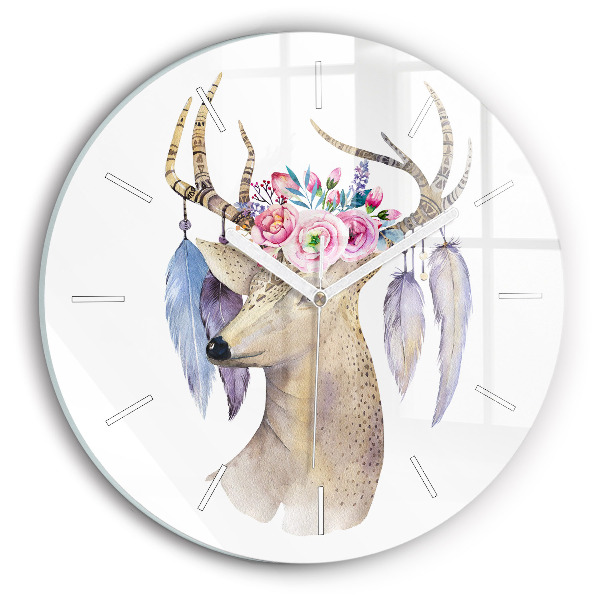 Wanduhr rund Hirschkopf und Blumen