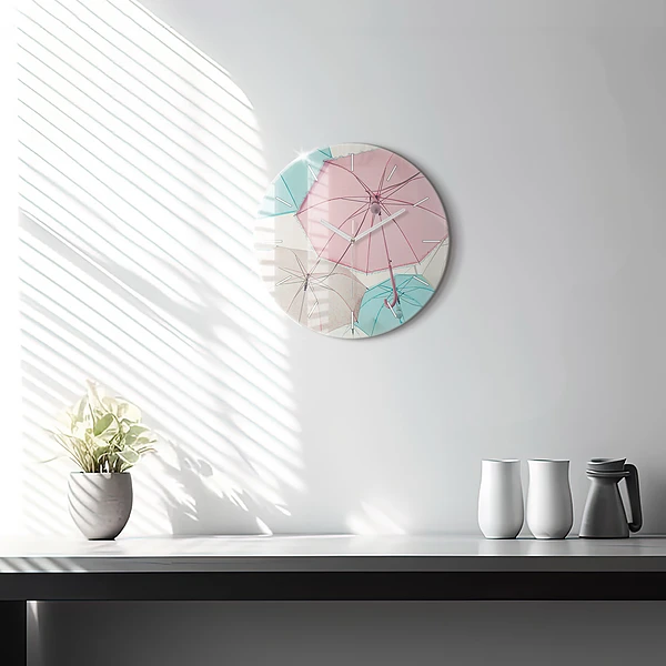Wanduhr rund Pastell Regenschirme