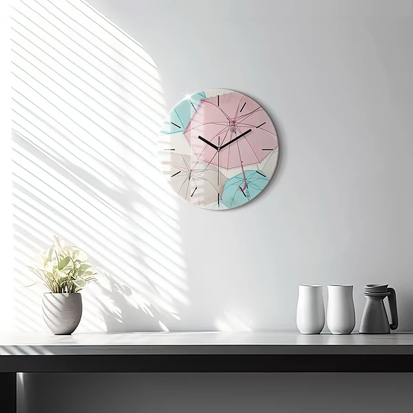 Wanduhr rund Pastell Regenschirme