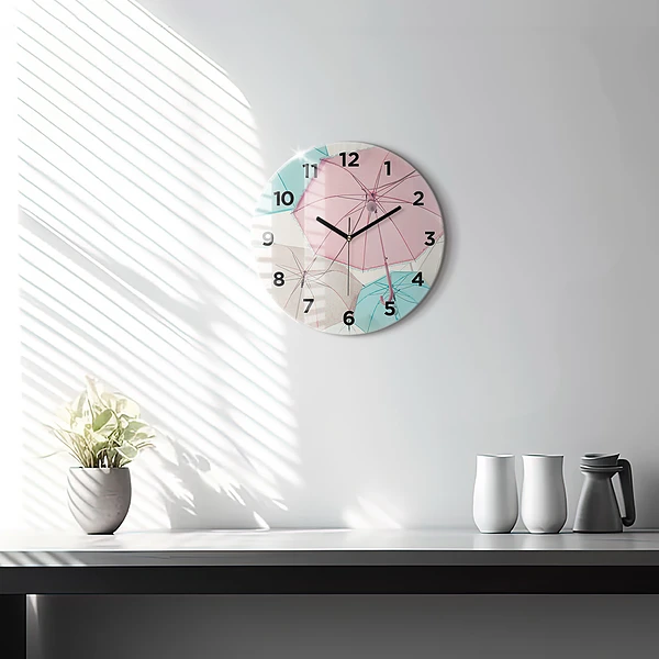 Wanduhr rund Pastell Regenschirme