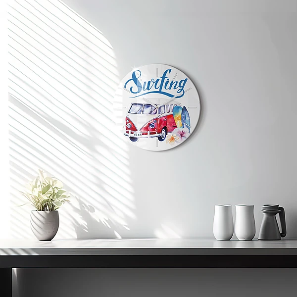 Wanduhr rund mit motiv Auto und Schild Surfen
