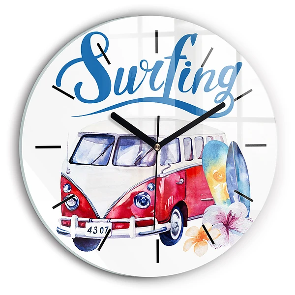 Wanduhr rund mit motiv Auto und Schild Surfen