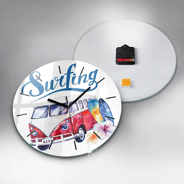 Wanduhr rund mit motiv Auto und Schild Surfen