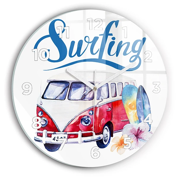 Wanduhr rund mit motiv Auto und Schild Surfen