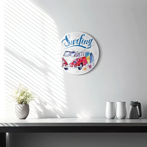 Wanduhr rund mit motiv Auto und Schild Surfen