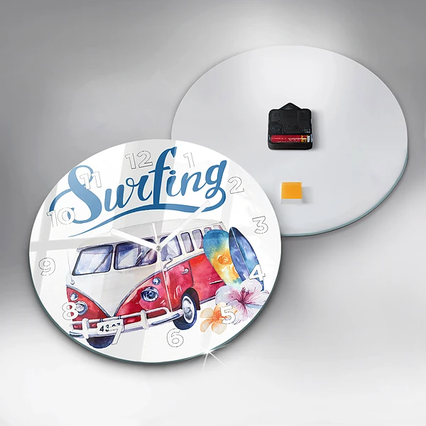 Wanduhr rund mit motiv Auto und Schild Surfen