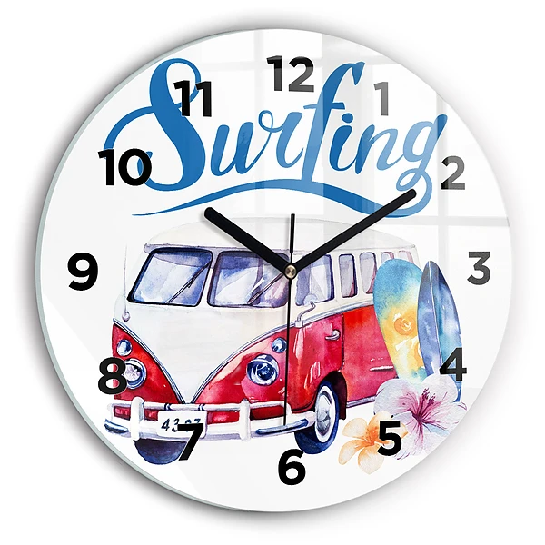 Wanduhr rund mit motiv Auto und Schild Surfen
