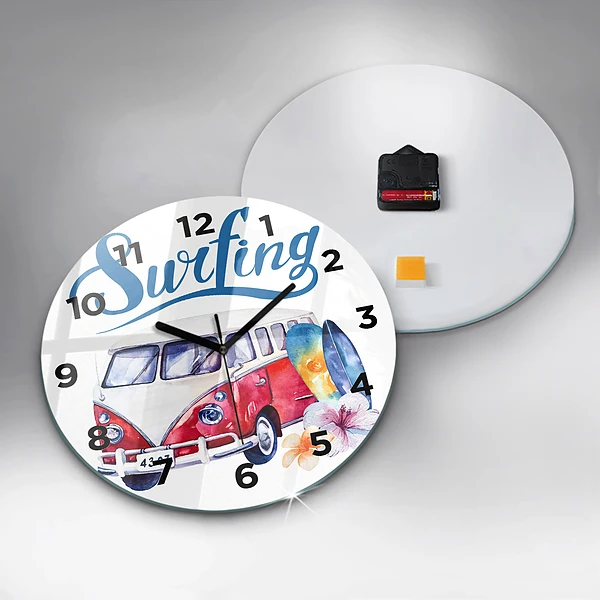 Wanduhr rund mit motiv Auto und Schild Surfen