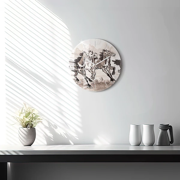 Wanduhr glas rund Galoppierende Pferde