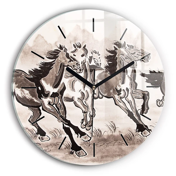 Wanduhr glas rund Galoppierende Pferde