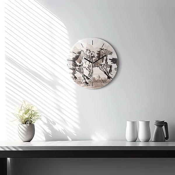 Wanduhr glas rund Galoppierende Pferde