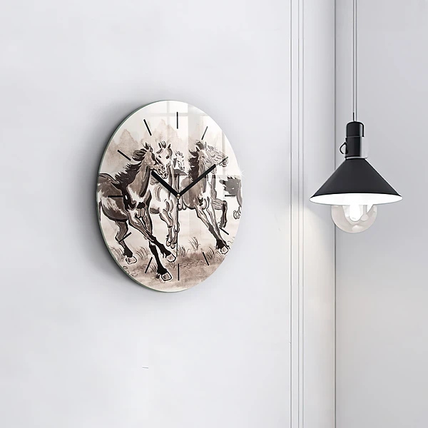 Wanduhr glas rund Galoppierende Pferde
