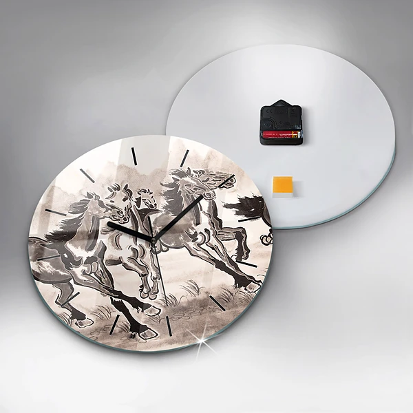 Wanduhr glas rund Galoppierende Pferde