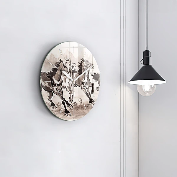 Wanduhr glas rund Galoppierende Pferde